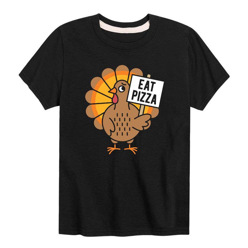 تي شيرت جرافيكي بأكمام قصيرة للأولاد - رسالة فورية - عيد الشكر - ديك رومي - تناول البيتزا