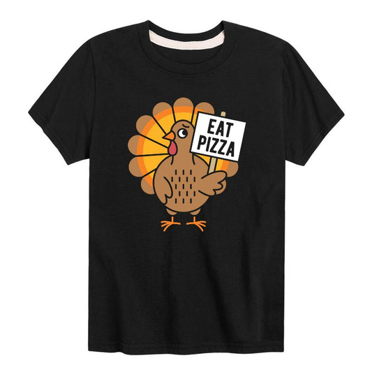 تي شيرت جرافيكي بأكمام قصيرة للأولاد - رسالة فورية - عيد الشكر - ديك رومي - تناول البيتزا
