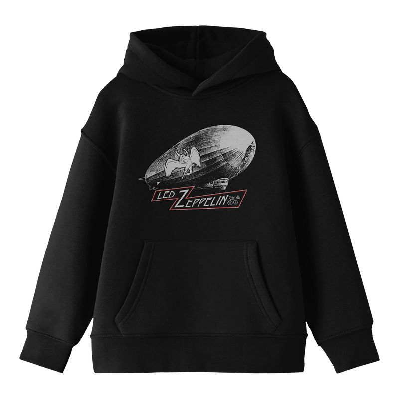 Led Zeppelin Blimp & Falling Icarus Logo Long Sleeve Youth Black Hooded Sweatshirt