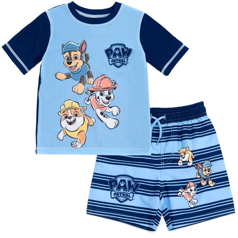 طقم ملابس للأطفال الصغار من Paw Patrol Rubble Marshall Chase، سترة واقية من الطفح الجلدي وسروال سباحة