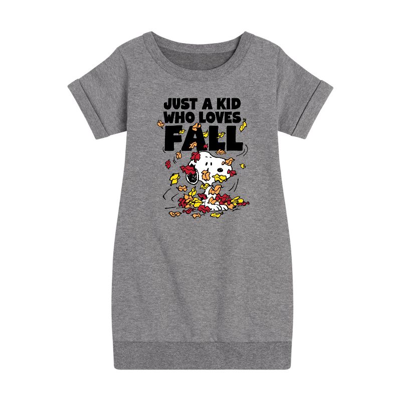 فستان بناتي من الصوف بأكمام قصيرة مطبوع عليه رسومات "Peanuts" - Just A Kid Who Loves Fall