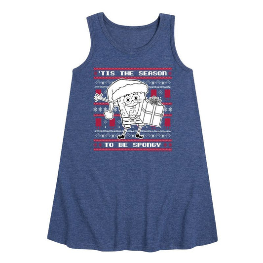 Girls' - SpongeBob SquarePants - Spongebob Xmas Sweater Graphic Sleeveless Aline Dress