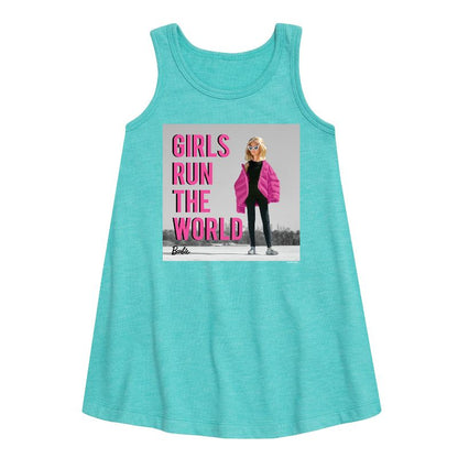 فستان بناتي - باربي - فتيات يديرن العالم - بدون أكمام - تصميم جرافيكي