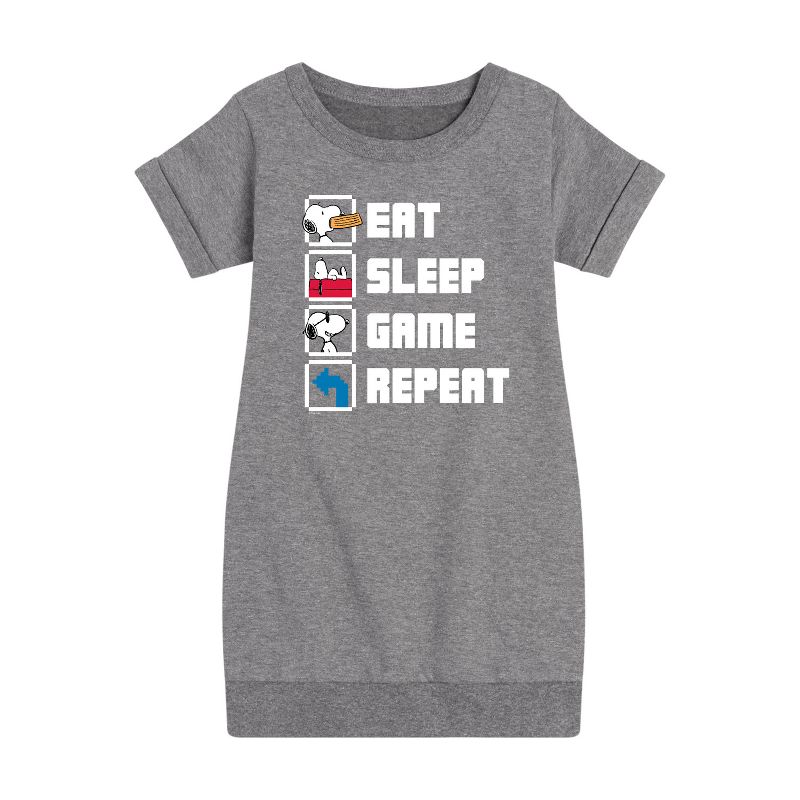 Girls' - Peanuts - Eat Sleep Game Snoopy Graphic Short Sleeve Fleece Dress