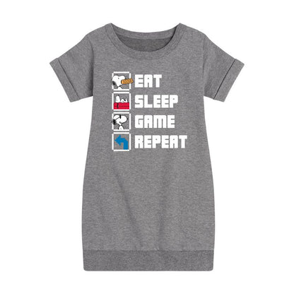 Girls' - Peanuts - Eat Sleep Game Snoopy Graphic Short Sleeve Fleece Dress