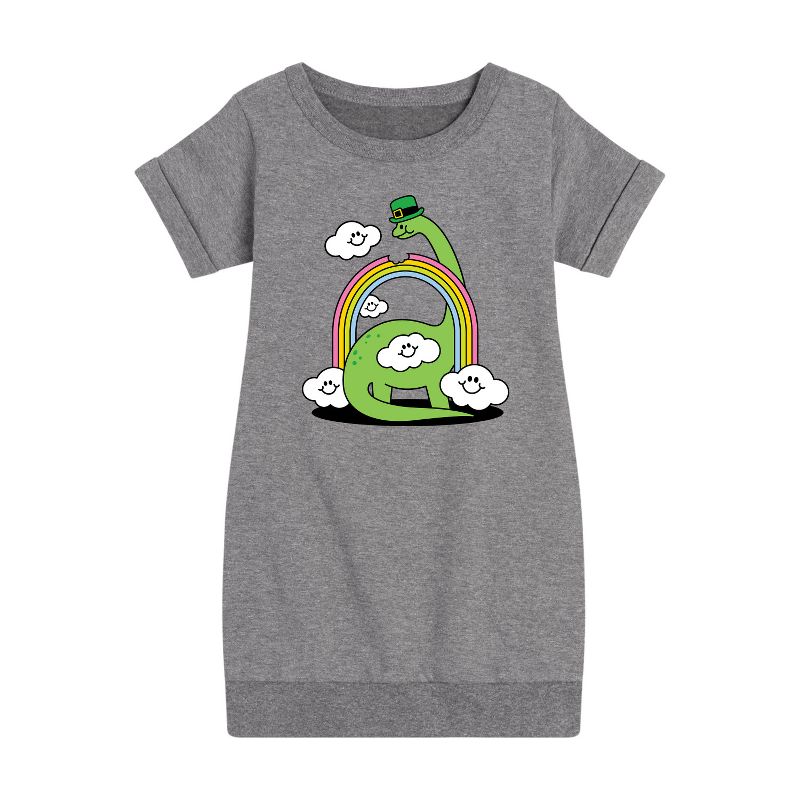 Girls' - Instant Message - St. Patrick's Day Dinosaur Eatting Rainbow Graphic Short Sleeve Fleece Dress