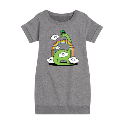 Girls' - Instant Message - St. Patrick's Day Dinosaur Eatting Rainbow Graphic Short Sleeve Fleece Dress
