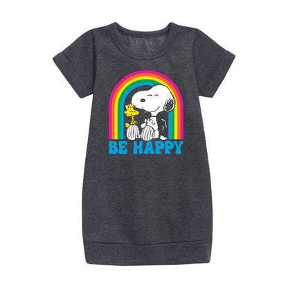 Girls' - Peanuts - Be Happy Rainbow Graphic Short Sleeve Fleece Dress