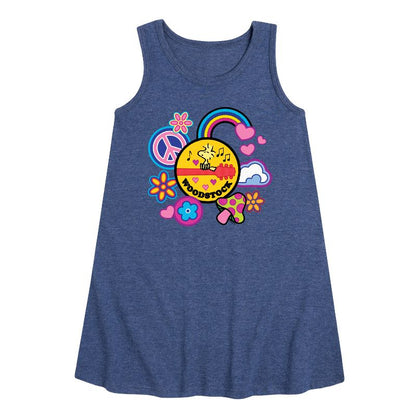 Girls' - Peanuts - Woodstock Peace And Love Flair Graphic Sleeveless Aline Dress