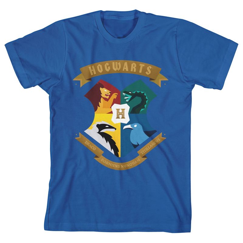 تي شيرت أزرق ملكي للشباب بشعار هوجورتس من هاري بوتر