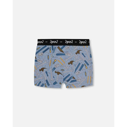 Deux par Deux Boy Printed Organic Cotton Boxer Shorts Tools on Blue-ray Background
