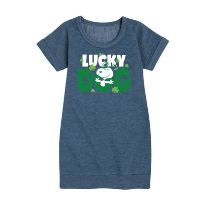 فستان بناتي من الصوف بأكمام قصيرة مطبوع عليه صورة كلب سنوبي المحظوظ - بينتس