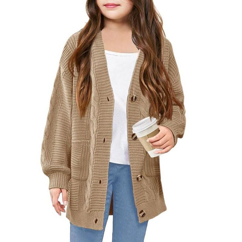 Girls Cable Knit Sweater Cardigan Front Button Cardigan with Side Pockets Above Knee Cardigan for Girls Winter Knitwear