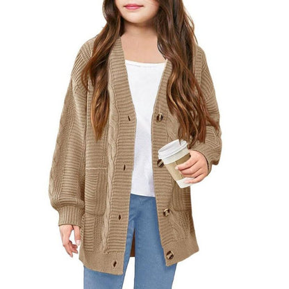 Girls Cable Knit Sweater Cardigan Front Button Cardigan with Side Pockets Above Knee Cardigan for Girls Winter Knitwear