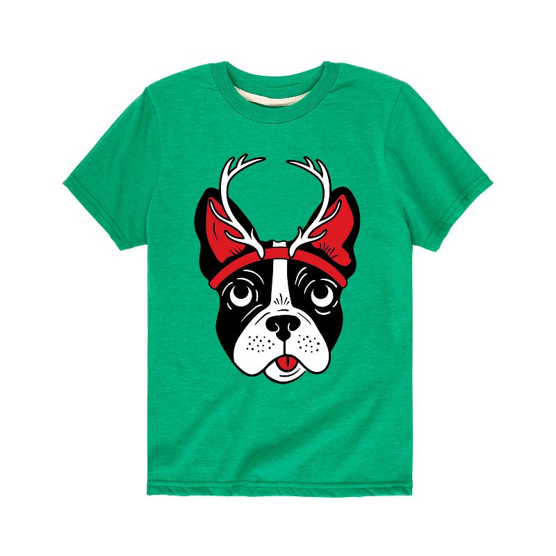 تي شيرت جرافيكي بأكمام قصيرة للأولاد - رسالة فورية - جرو عيد الميلاد مع قرون الرنة