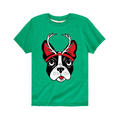 تي شيرت جرافيكي بأكمام قصيرة للأولاد - رسالة فورية - جرو عيد الميلاد مع قرون الرنة