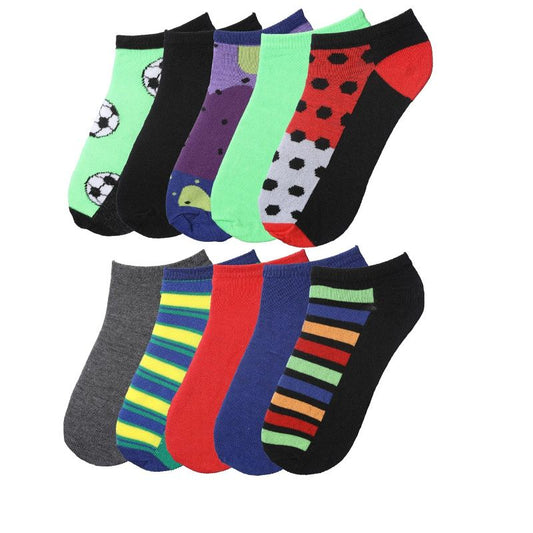 Big Kids Boys 10 Pairs Classy Lightweight Novelty Stripes Dot & Soccer Pattern Ankle/Low Cut Socks