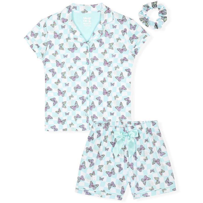 Sleep On It Girls 2-Piece Short-Sleeve Button Down Collared Coat Pajama Set with Matching Scrunchie - Toddler Pajamas to Girls Pajama Sets