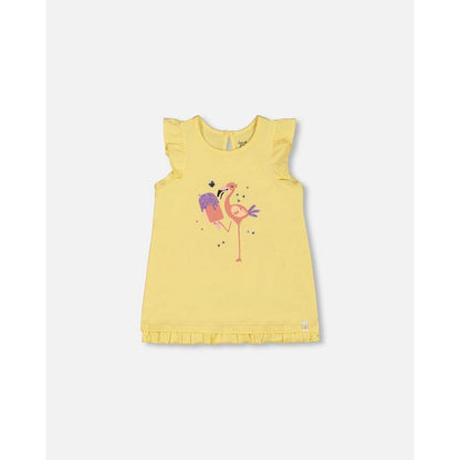 Deux par Deux Girl Organic Cotton Tunic with Frill and Print Yellow and Flamingo
