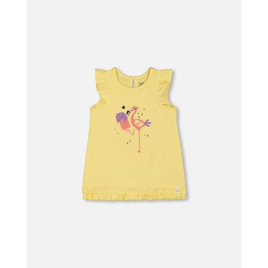 Deux par Deux Girl Organic Cotton Tunic with Frill and Print Yellow and Flamingo
