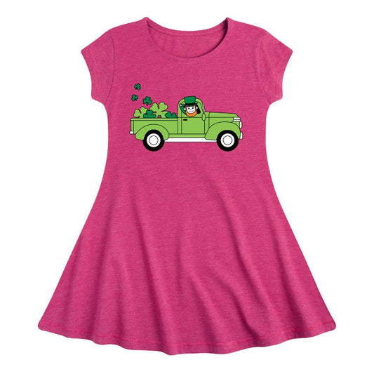Girls' - Instant Message - St. Patrick's Day Leprechaun Truck Delivering Luck Fit & Flair Cap Sleeve Dress