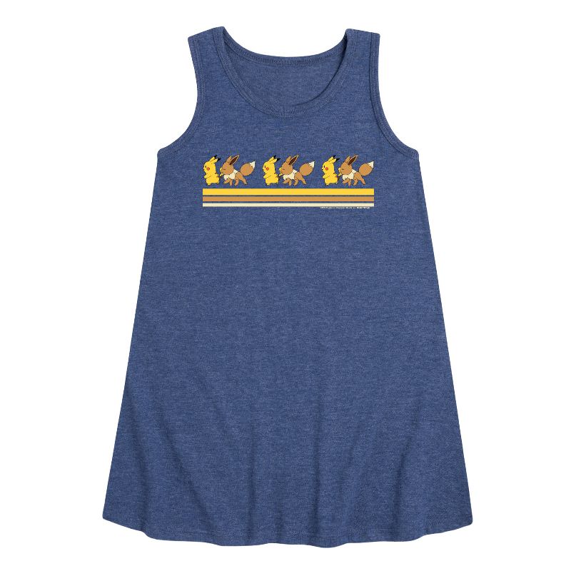 Girls' - Pokémon - Pikachu Eevee Retro Stripe Graphic Sleeveless Aline Dress