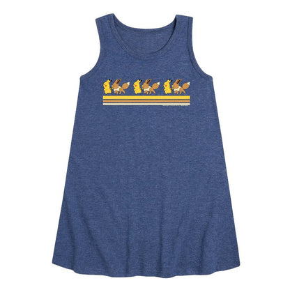 Girls' - Pokémon - Pikachu Eevee Retro Stripe Graphic Sleeveless Aline Dress