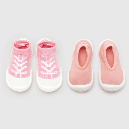 Komuello Toddler Sock Shoes Combo Set – First Walker Baby Shoes Flat and Sneaker Pink