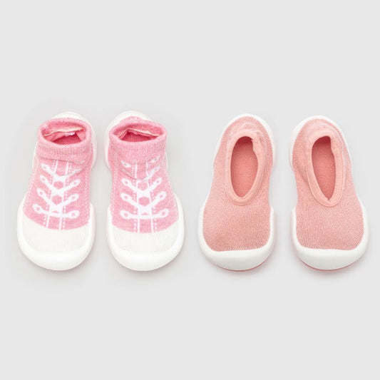 Komuello Toddler Sock Shoes Combo Set – First Walker Baby Shoes Flat and Sneaker Pink