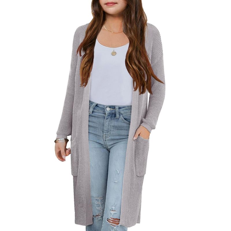 Girls Knee Length Cardigan Long Sleeve Open Front Sweater with Side Pockets