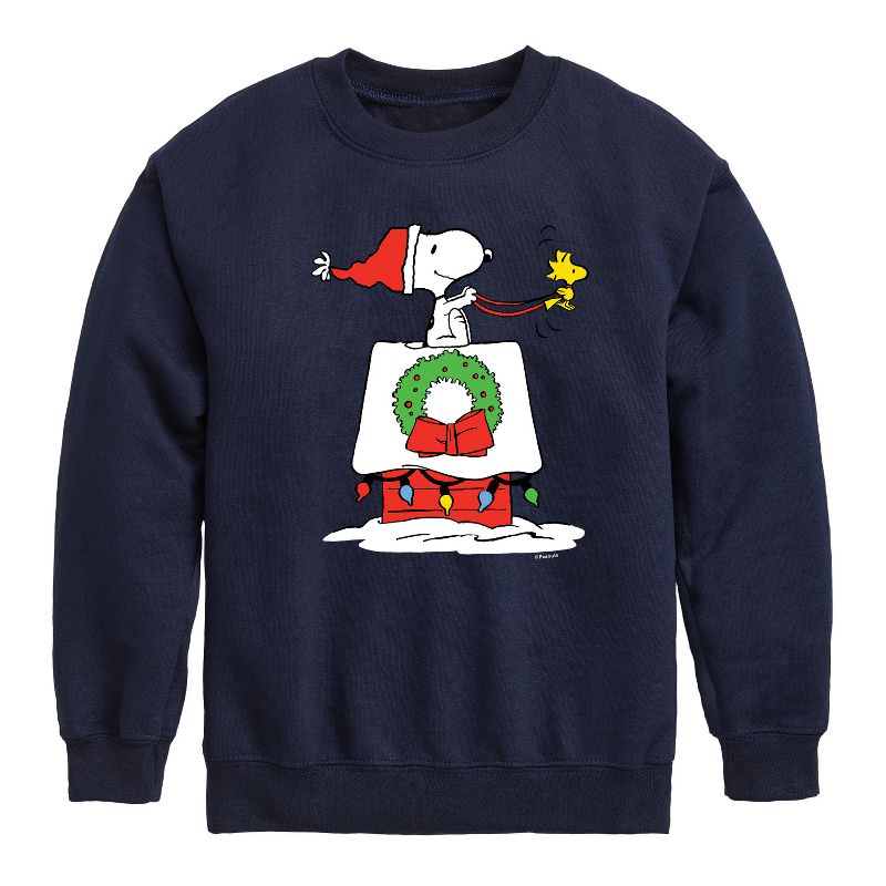 Boys' - Peanuts - Snoopy & Woodstock House Sleigh Graphic Long Sleeve Fleece Sweatshirt