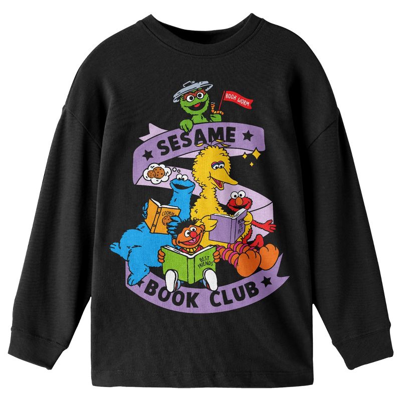 Sesame Street Book Club Crew Neck Long Sleeve Youth Black Tee