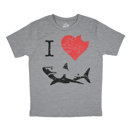 تي شيرت I Love Sharks للأطفال - تي شيرت كلاسيكي للشباب بطبعة عضة سمكة قرش - تي شيرت Crazy Dog للشباب