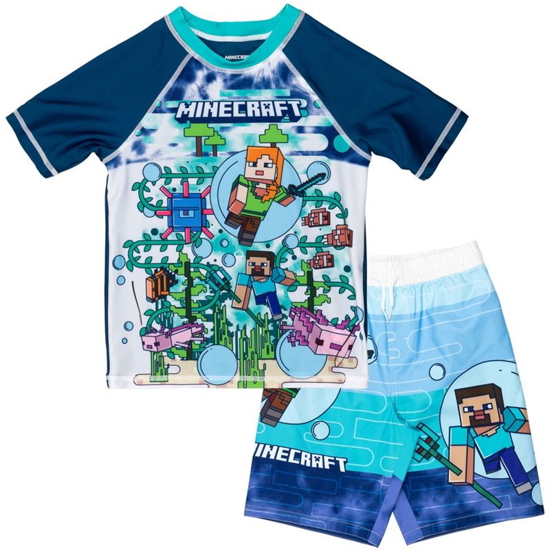 Minecraft Zombie Creeper Alex Steve Rash Guard and Swim Trunks Outfit Set Little Kid to Big Kid