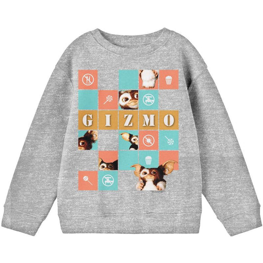 Gremlins Gizmo In Squares With Icons Youth Heather Gray Crew Neck Sweatshirt