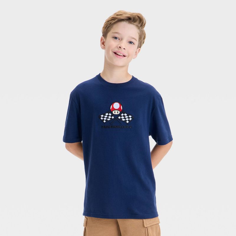 Boys' Super Mario Kart Embroidered Front and Back Graphic Oversized Short Sleeve T-Shirt - Navy Blue