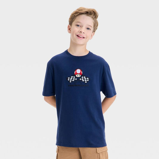 Boys' Super Mario Kart Embroidered Front and Back Graphic Oversized Short Sleeve T-Shirt - Navy Blue