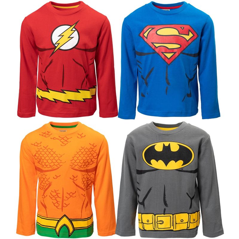 DC Comics Justice League Aquaman Batman Superman The Flash 4 Pack Long Sleeve T-Shirts Toddler to Big Kid
