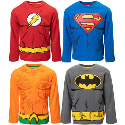 DC Comics Justice League Aquaman Batman Superman The Flash 4 Pack Long Sleeve T-Shirts Toddler to Big Kid