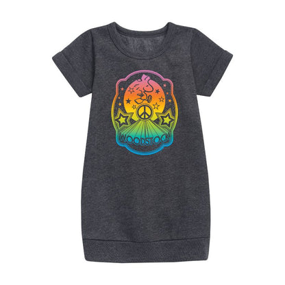 Girls' - Peanuts - Psychedelic Color Burst Woodstock Peace Graphic Short Sleeve Fleece Dress