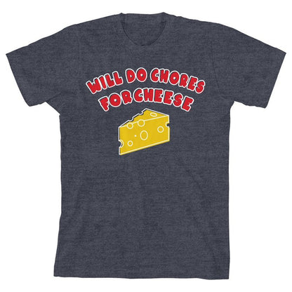Will Do Chores For Cheese Youth Navy Blue Short Sleeve Crew Neck Tee