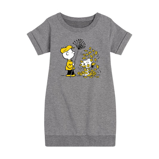 Girls' - Peanuts - Charlie Brown Snoopy Fall Leaves Graphic Short Sleeve Fleece Dress