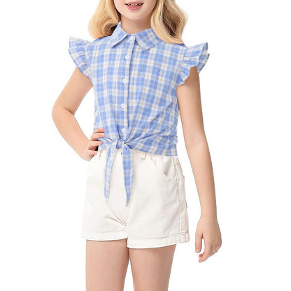 Girls Tie Front Knot Tops with Ruffle Sleeve Plaid Tops Tie Front Blouse Short Sleeve Button Down Shirts for Toddler Girls