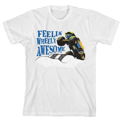 Monster Truck Feelin' Wheely Awesome! Youth White Short Sleeve Crew Neck Tee