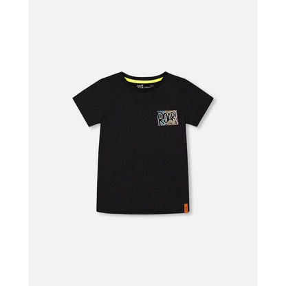 Deux par Deux Boy Organic Cotton Graphic Tee Black and Multicolored Dino