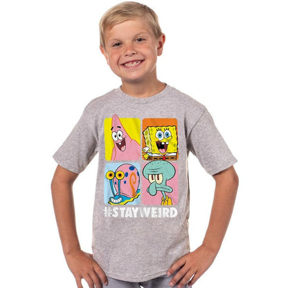 Seven Times Six SpongeBob Shirt Boys Stay Weird Character Grid Short Sleeve Graphic Tee Grey