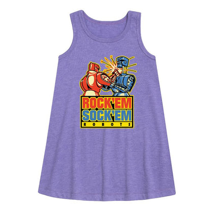 Girls' - Rock 'Em Sock 'Em Robots - Red Rocker, Blue Bomber Graphic Sleeveless Aline Dress