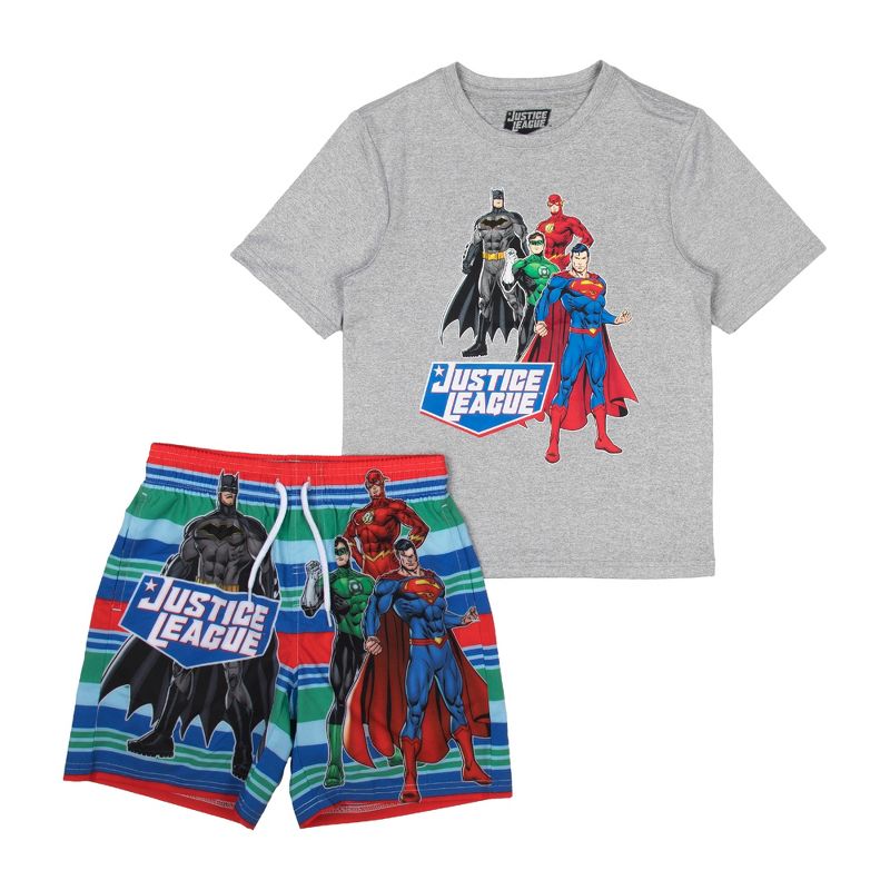 طقم ملابس سباحة قصيرة الأكمام وشورت سباحة للأولاد من Justice League Batman Flash Green Lantern &amp; Superman