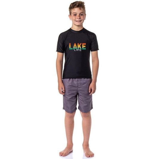 Boys' Lake Life Short-Sleeve Swimsuit Rashguard Top Swim Shirt Black