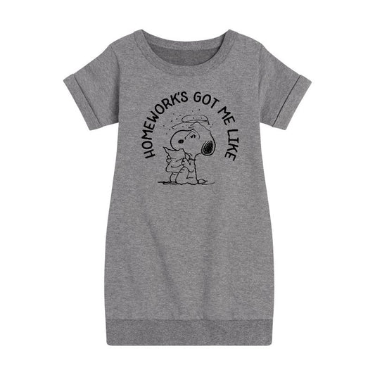 Girls' - Peanuts - Homeworks Got Me Like Graphic Short Sleeve Fleece Dress